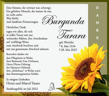 Traueranzeige von Tarara Burgunda von Südthüringer Presse