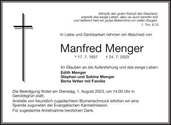 Traueranzeige von Manfred Menger von Frankenpost