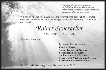 Traueranzeige von Rainer Saueracker von Südthüringer Presse