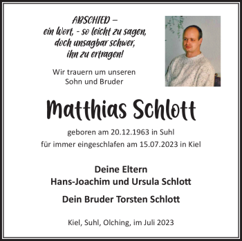 Traueranzeige von Matthias Schlott von Südthüringer Presse