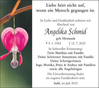 Traueranzeige von Angelika Schmid von Südthüringer Presse