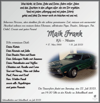 Traueranzeige von Maik Frank von Südthüringer Presse