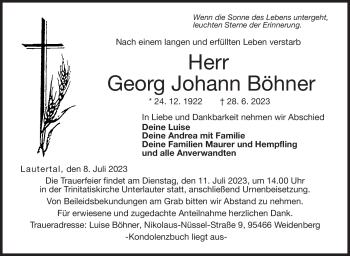 Traueranzeige von Georg Böhner von Neue Presse Coburg