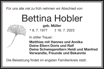 Traueranzeige von Bettina Hobler von Frankenpost