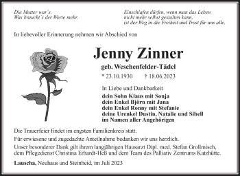 Traueranzeige von Jenny Zinner von Südthüringer Presse