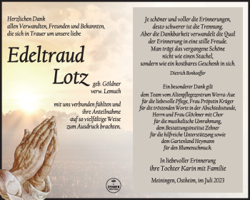 Traueranzeige von Edeltraud Lotz von Südthüringer Presse