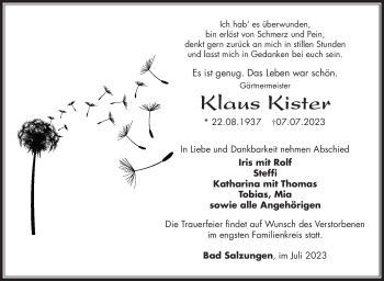 Traueranzeige von Klaus Kister von Südthüringer Presse