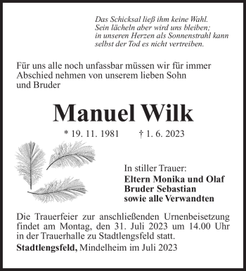 Traueranzeige von Manuel Wilk von Südthüringer Presse