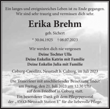 Traueranzeige von Erika Brehm von Neue Presse Coburg