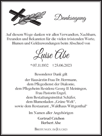 Traueranzeige von Luise Abe von Südthüringer Presse