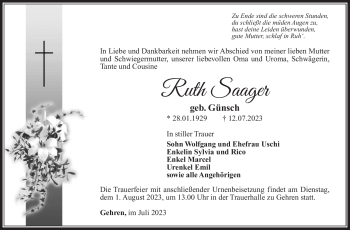 Traueranzeige von Ruth Saager von Südthüringer Presse