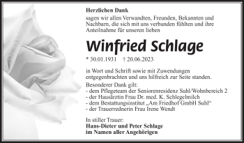 Traueranzeige von Winfried Schlage von Südthüringer Presse
