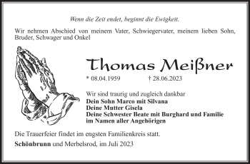 Traueranzeige von Thomas Meißner von Südthüringer Presse