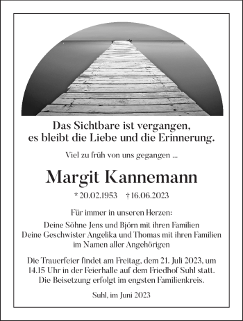 Traueranzeige von Margit Kannemann von Südthüringer Presse