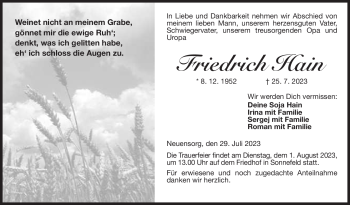 Traueranzeige von Friedrich Hain von Neue Presse Coburg
