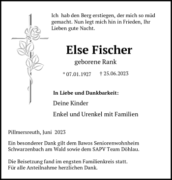 Traueranzeige von Else Fischer von Frankenpost