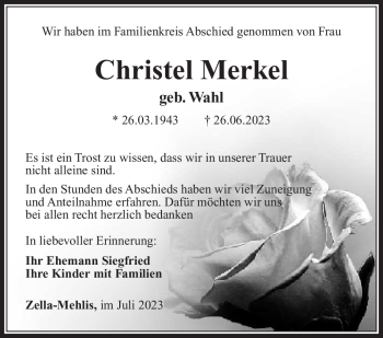 Traueranzeige von Christel Merkel von Südthüringer Presse