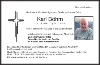Traueranzeige von Karl Böhm von Frankenpost