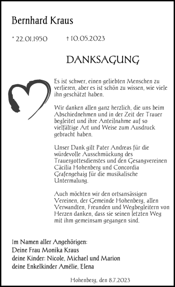Traueranzeige von Bernhard Kraus von Frankenpost