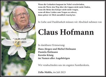 Traueranzeige von Claus Hofmann von Südthüringer Presse