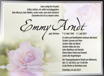Traueranzeige von Emmi Arndt von Südthüringer Presse