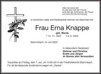 Traueranzeige von Erna Knappe von Frankenpost