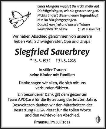 Traueranzeige von Siegfried Sauerbrey von Südthüringer Presse