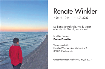 Traueranzeige von Renate Winkler von Südthüringer Presse