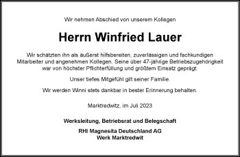 Traueranzeige von Winfried Lauer von Frankenpost