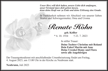 Traueranzeige von Renate Höhn von Südthüringer Presse