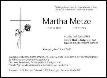 Traueranzeige von Martha Metze von Neue Presse Coburg