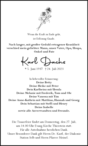 Traueranzeige von Karl Dachs von Frankenpost