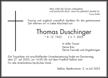Traueranzeige von Thomas Duschinger von Frankenpost