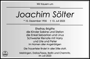 Traueranzeige von Joachim Sölter von Südthüringer Presse