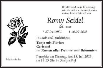 Traueranzeige von Romy Seidel von Frankenpost