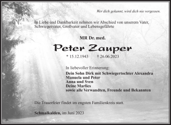 Traueranzeige von Peter Zauper von Südthüringer Presse