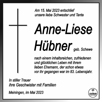 Traueranzeige von Anne-Liese Hübner von Südthüringer Presse