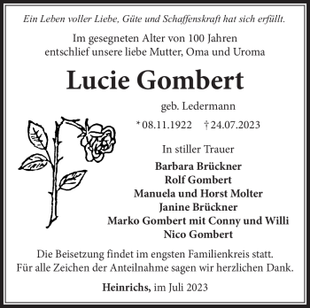 Traueranzeige von Lucie Gombert von Südthüringer Presse