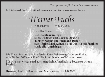 Traueranzeige von Werner Fuchs von Südthüringer Presse