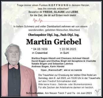 Traueranzeige von Martin Griebel von Südthüringer Presse