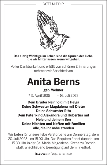 Traueranzeige von Anita Berns von Südthüringer Presse