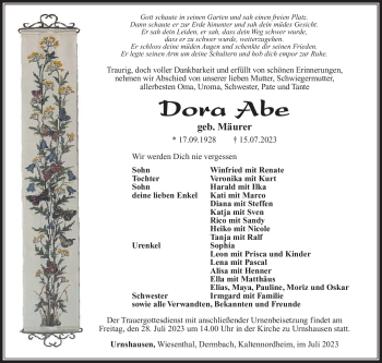 Traueranzeige von Dora Abe von Südthüringer Presse