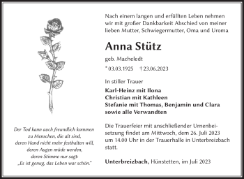 Traueranzeige von Anna Stütz von Südthüringer Presse