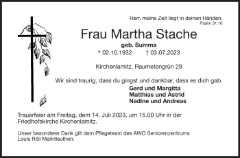 Traueranzeige von Martha Stache von Frankenpost