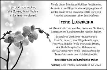 Traueranzeige von Irene Luzemann von Südthüringer Presse