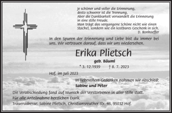 Traueranzeige von Erika Plietsch von Frankenpost