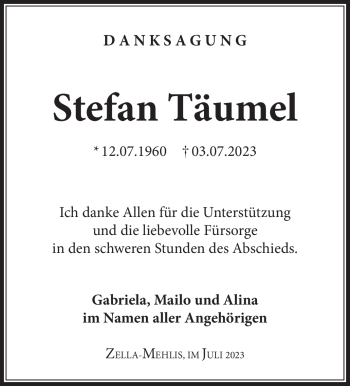 Traueranzeige von Stefan Täumel von Südthüringer Presse