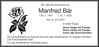 Traueranzeige von Manfred Bär von Frankenpost