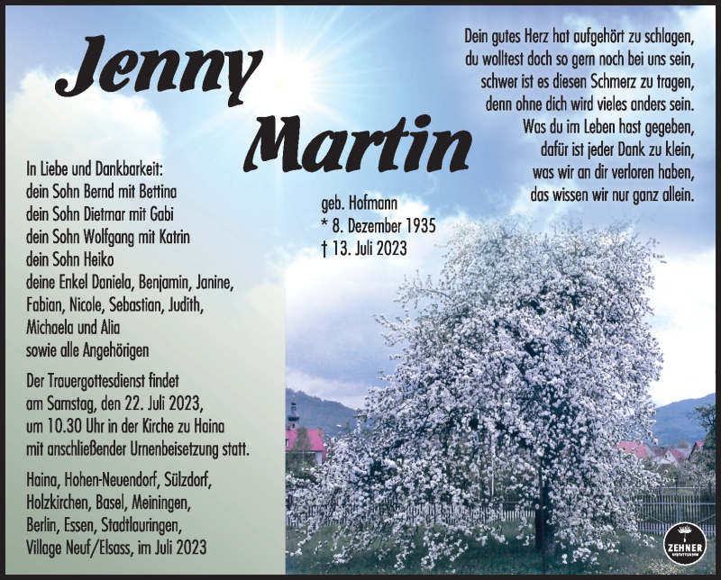  Traueranzeige für Jenny Martin vom 19.07.2023 aus Südthüringer Presse