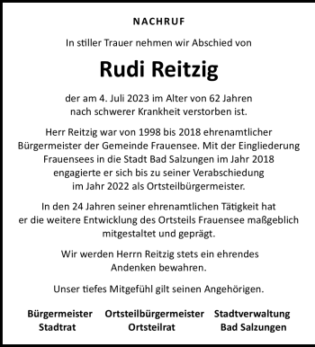 Traueranzeige von Rudi Reitzig von Südthüringer Presse